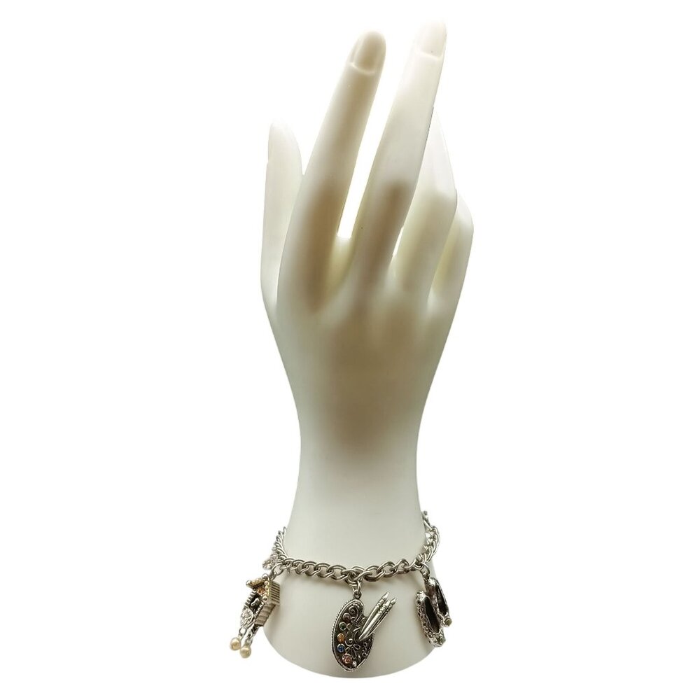 Vintage Silver-Tone Charm Bracelet w/ Art Palette Ballet Slippers & Cottage Char